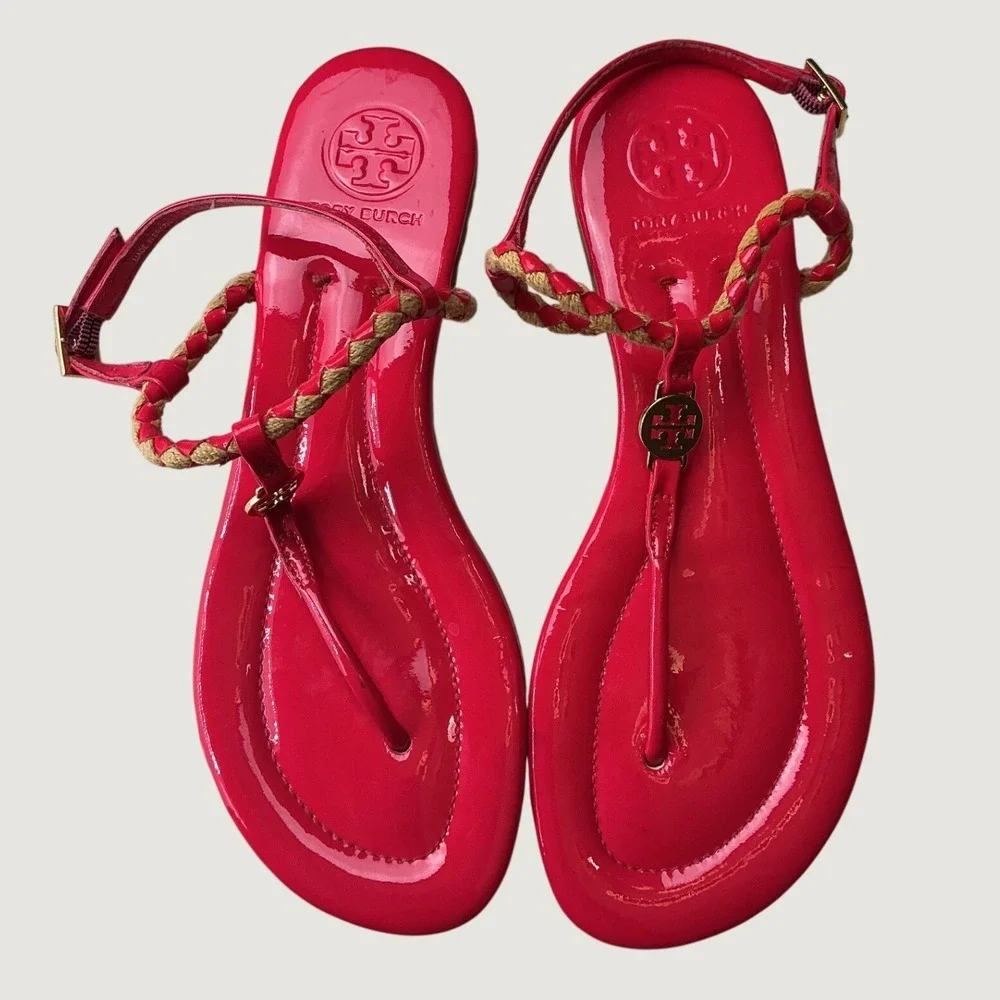 Tory Burch Miller Braided Pink Patent Leather Thong Ankle Strap Sandals 6M